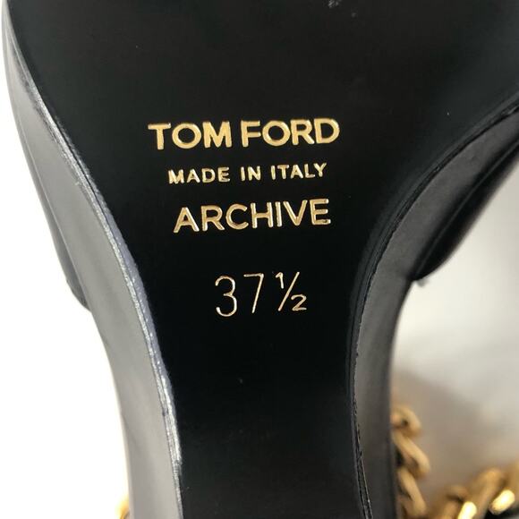 NEW Tom Ford Gold Chain Wedge Black Leather Heeled Sandals 37.5 - Picture 6 of 9
